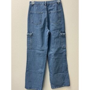 SHEIN Denim Cargo Pants High Waist Wide Leg Jeans‎ Pockets Blue XS